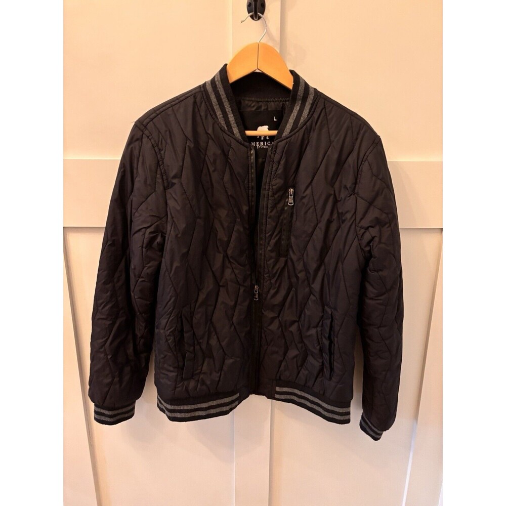 Mens America Stitch Black Varsity Jacket Coat Puffer Black/Gray Striped Size L